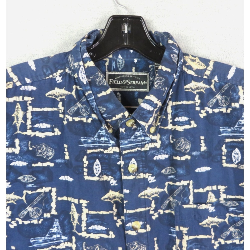 Field And Stream Mens Shirt XL Blue Fishing AOP Resort Camp Outdoor PNW Gorp